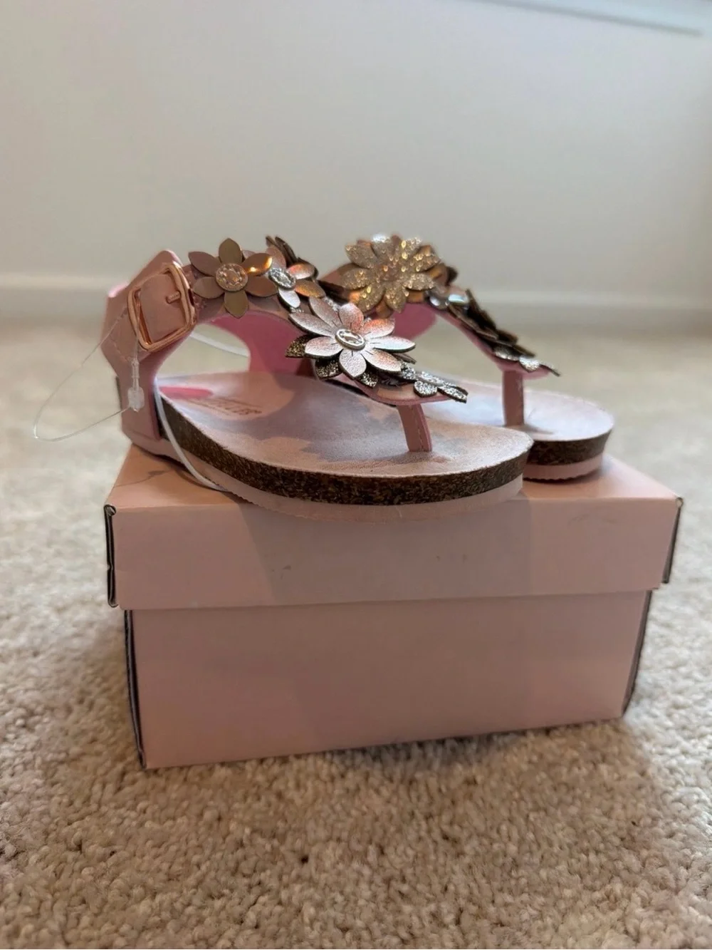 Girls Pink Floral Jewel Embellished Flip Flops